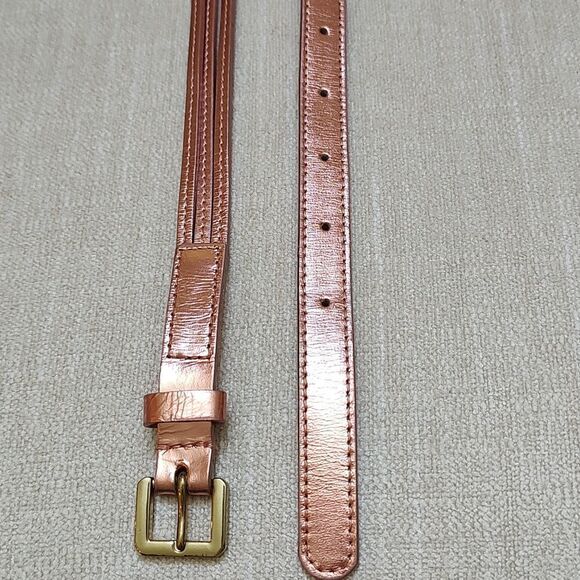 J. Crew Skinny Metallic Copper Leather Belt Square Brass Tone Buckle Size Large - Picture 6 of 10